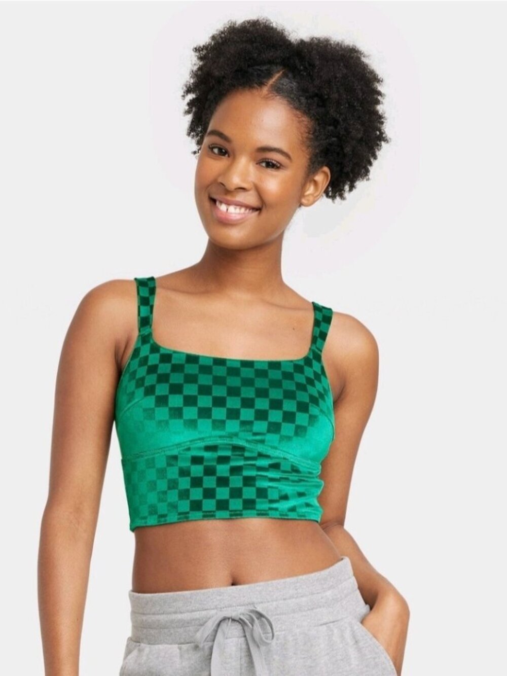 Colsie Women's Green Checkered Velvet Brami Mesh Crop Tank Top Women Medium NWT